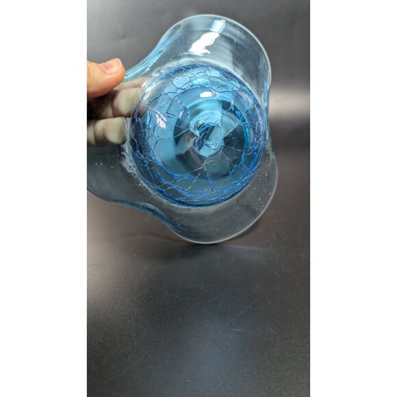 Handcrafted Blue Crackle Art Glass Bowl With Flared Rim Decoration - Picture 7 of 11